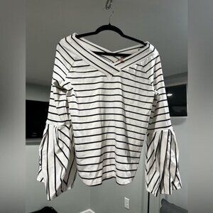Gibson and Latimer Bell-Sleeved Blouse. Tops for Women. Black and White Strip